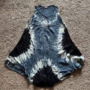 Tie-Dye Sleeveless Flowing Tank Dress - Blue & Cream